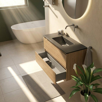 Saniclass Holz Pure Ensemble de meubles de salle de bains - 100x45x62cm - Lavabo Vygo en céramique noir - 1 vasque - sans trou de robinet - 2 tiroirs - chêne natural mat (bois)