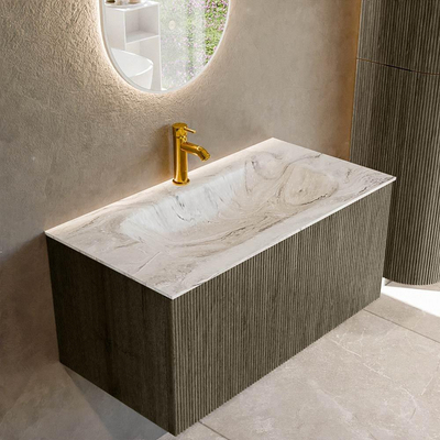 Mondiaz KURVE-DLUX Badkamermeubelset - 90x46x40cm - 1 lade - wastafel solid surface - midden - 1 kraangat - Shadow
