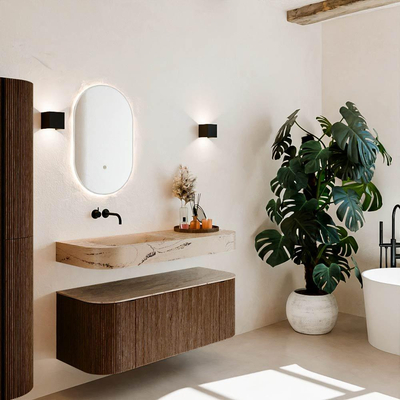 MONDIAZ THOR-DLUX 120cm meuble de salle de bains arrondi gauche + droite couleur Walnut avec 1 tiroir et 2 portes. Vasque suspendue CLOUD gauche sans trou de robinet couleur Arena.