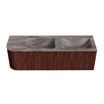 MONDIAZ KURVE-DLUX Meuble de salle de bains 145cm arrondi à gauche couleur Ruby avec 1 tiroir et 1 porte. Lavabo LEAF Double / Droite 2 trous de robinet Oza.