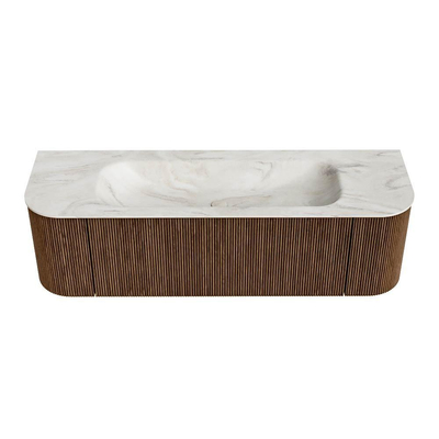 MONDIAZ KURVE-DLUX 150cm Meuble salle de bain avec module 25 G et D - couleur Walnut - 1 tiroir - 2 portes - vasque BIG MEDIUM centre - sans trou de robinet - couleur Ostra