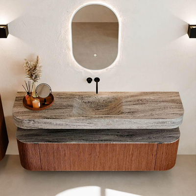 MONDIAZ THOR-DLUX Meuble de salle de bains 170cm arrondi gauche + droite couleur Ruby avec 1 tiroir et 2 portes. Vasque suspendue CLOUD Milieu sans trou de robinet couleur Oza.