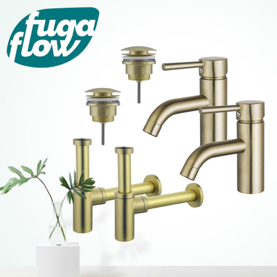 FugaFlow Eccelente Sobrado Badkamer Wastafelkraanset - voor dubbele wastafel - lage wastafelkraan - klikwaste plug - design sifon - PVD Geborsteld Messing