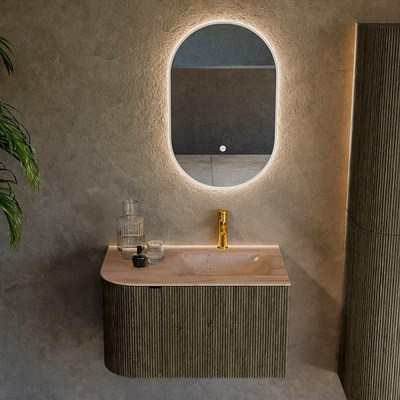 MONDIAZ KURVE-DLUX 75cm badmeubel ronding Links kleur Shadow met 1 lade en 1 deur. Wastafel GRUNNE Rechts 1 kraangat Saba.