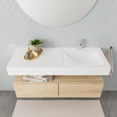 MONDIAZ ALAN 120cm - meuble bas - chêne blanchi - 2 tiroirs - lavabo suspendu - vasque à droite - 1 trou de robinet - talc