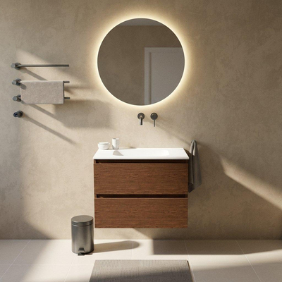 Saniclass Holz Pure Ensemble meuble de salle de bains - 80x45x61.5cm - Flow lavabo en solid surface blanc - 1 vasque - sans trou de robinet - 2 tiroirs - noyer pure mat (bois)