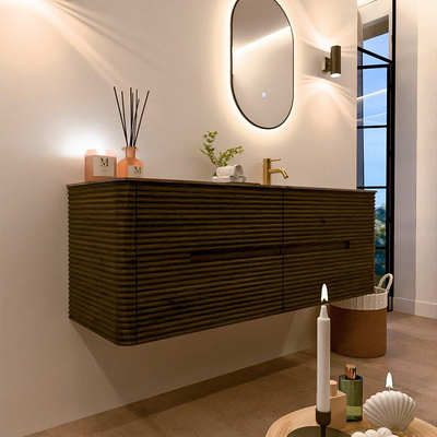 Mondiaz CIRO-DLUX Badkamermeubelset - 140x45x50cm - Solid surface wastafel Sombra - 1 wasbak Rechts - 1 kraangat - 4 lades - Shadow