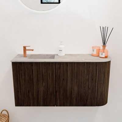Mondiaz JOYA-DLUX 81.6cm toiletmeubel - ronding rechts kleur Walnut - Wastafel FAYE positie Links 1 kraangat kleur Glace.