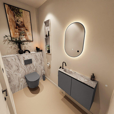 MONDIAZ TURE-DLUX Meuble toilette - 80cm - Dark Grey - EDEN - vasque Glace - position gauche - 1 trou de robinet