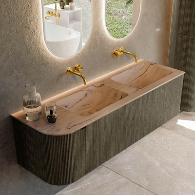 MONDIAZ KURVE-DLUX meuble de salle de bains 145 cm arrondi à gauche couleur Shadow avec 1 tiroir et 1 porte. Lavabo LEAF Double / à droite sans trou de robinet Arena.