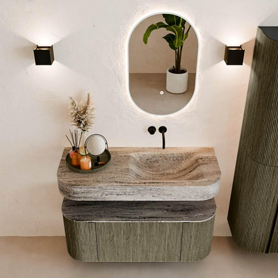 MONDIAZ THOR-DLUX 110cm meuble de salle de bains arrondi gauche + droite couleur Shadow avec 1 tiroir et 2 portes. Vasque suspendue CLOUD Droite sans trou de robinet couleur Oza.