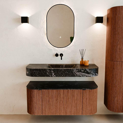 MONDIAZ THOR-DLUX Meuble de salle de bains - 110cm - arrondi gauche + droite - couleur Ruby - 1 tiroir - 2 portes - Vasque suspendue CLOUD Milieu sans trou de robinet - couleur Lava