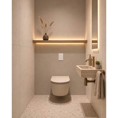 QeramiQ Dely Swirl Toiletset - 36.5x 53cm - Grohe Rapid inbouwreservoir - slim zitting - witte bedieningsplaat - rechthoekige knoppen - beige