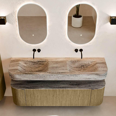 MONDIAZ THOR-DLUX 160cm meuble de salle de bains arrondi gauche + droite couleur Dusk avec 1 tiroir et 2 portes. Vasque suspendue CLOUD Double sans trou de robinet couleur Oza.