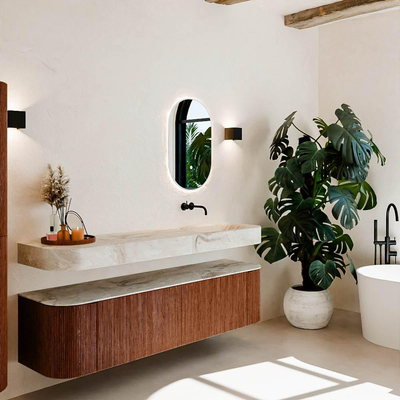 MONDIAZ THOR-DLUX 180cm meuble de salle de bains arrondi gauche + droite couleur Ruby avec 2 tiroirs et 2 portes. Vasque suspendue CLOUD Droite sans trou de robinet couleur Frappe.