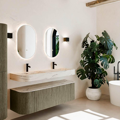 MONDIAZ THOR-DLUX 150cm meuble de salle de bains arrondi gauche + droite couleur Shadow avec 1 tiroir et 2 portes. Vasque suspendue CLOUD Double 2 trous de robinet couleur Nata.