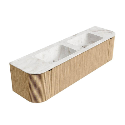 MONDIAZ KURVE-DLUX meuble de salle de bains 170 cm avec module 25 Len R couleur chêne avec 1 tiroir et 2 portes. Lavabo LEAF double 2 trous de robinet couleur Frappe.
