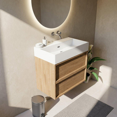 Saniclass Holz Frame Ensemble meuble de salle de bains - 80x45x72cm - Legend vasque en céramique blanche - 1 lavabo - sans trou de robinet - 2 tiroirs - chêne naturel mat (bois)