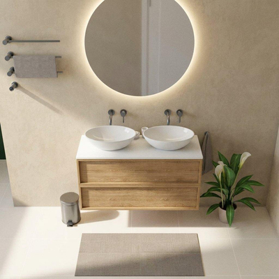 Saniclass Holz Frame Ensemble de meubles de salle de bains - 120x45x62.5cm - Plan de toilette Torino en solid surface blanc - sans trou de robinetterie - 2 tiroirs - chêne natural mat (bois)