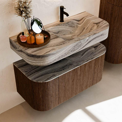 MONDIAZ THOR-DLUX 100cm badmeubel ronding links + rechts kleur Walnut met 1 lade en 2 deuren. Vrijhangende wastafel CLOUD Rechts 1 kraangat kleur Sombra.