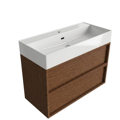 Saniclass Holz Frame Ensemble meuble de salle de bains - 100x45x72cm - lavabo Legend en céramique blanc - 1 vasque - 1 trou de robinet - 2 tiroirs - walnut pure mat (bois)
