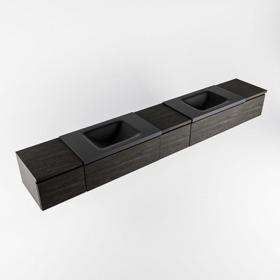 MONDIAZ BUKLA 280cm badmeubel met module 40 kleur Dark Brown met 5 lades. Wastafel CLOUD dubbel 2 kraangaten kleur Urban.