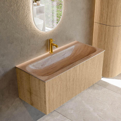 MONDIAZ KURVE-DLUX Meuble de salle de bains 100cm couleur Oak avec 1 tiroir et 0 porte. Lavabo BIG MEDIUM Central 1 trou de robinet Saba.
