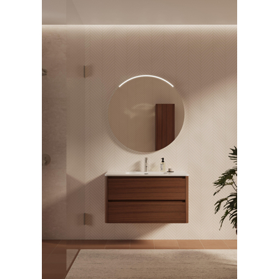 Thebalux Sunny Ensemble meuble de salle de bains - 102x46x57cm - lavabo - céramique - 1 trou de robinet - blanc brillant - meuble bas - 2 tiroirs - sans poignée - placage bois - Roquebrun (brun)