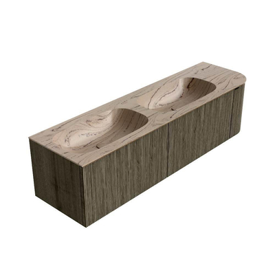 MONDIAZ KURVE-DLUX meuble de salle de bains 165cm arrondi à droite couleur Shadow avec 2 tiroirs et 1 porte. Lavabo STOR SMALL Double / Gauche sans trou de robinet Arena.