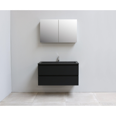 Basic Bella Meuble salle de bains avec lavabo acrylique Noir avec armoire toilette 2 portes gris 100x55x46cm 1 trou de robinet Noir mat