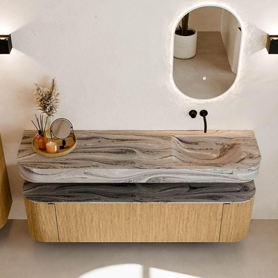 MONDIAZ THOR-DLUX 170cm meuble de salle de bains arrondi gauche + droite couleur Oak avec 1 tiroir et 2 portes. Vasque suspendue CLOUD droite sans trou de robinet couleur Sombra.