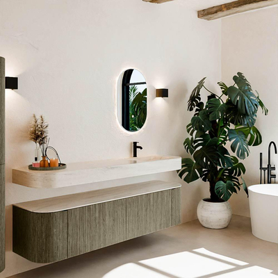 MONDIAZ THOR-DLUX 180cm meuble de salle de bains arrondi gauche + droite couleur Shadow avec 2 tiroirs et 2 portes. Vasque suspendue CLOUD Droite 1 trou de robinet couleur Meli.