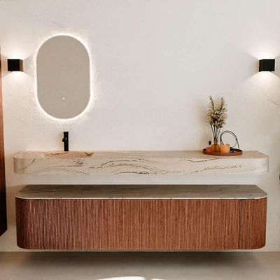 MONDIAZ THOR-DLUX 200cm meuble de salle de bains arrondi gauche + droite couleur Ruby avec 2 tiroirs et 2 portes. Vasque suspendue CLOUD Gauche 1 trou de robinet couleur Arena.