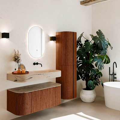 MONDIAZ THOR-DLUX 110cm meuble de salle de bains arrondi gauche + droite couleur Ruby avec 1 tiroir et 2 portes. Vasque suspendue CLOUD droite sans trou de robinet couleur Arena.