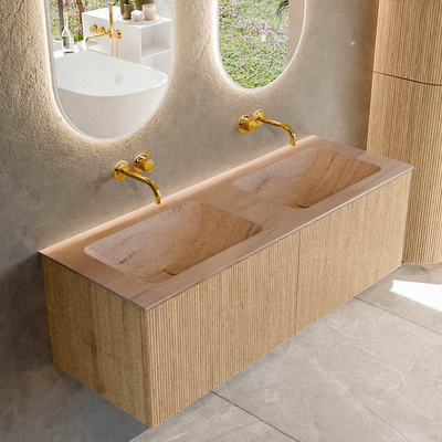 MONDIAZ KURVE-DLUX 130cm badmeubel kleur Oak met 2 lades en 0 deuren. Wastafel LEAF Dubbel zonder kraangat Saba.