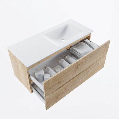 Mondiaz VICA ensemble de meuble de salle de bain - 110cm - meuble sous-vasque chêne blanchi - 2 tiroirs - lavabo cloud droite - 1 trou de robinet - version haute de 60cm - talc