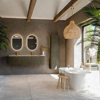 MONDIAZ KURVE-DLUX Meuble de salle de bains 165cm arrondi à droite couleur Shadow avec 2 tiroirs et 1 porte. Lavabo STOR SMALL Double / Gauche 2 trous de robinet Saba.