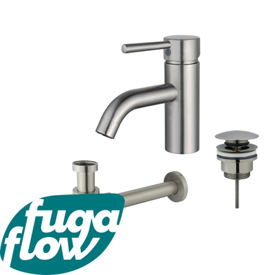 FugaFlow Eccelente Sobrado Badkamer Wastafelkraanset - lage wastafelkraan - klikwaste plug - verlaagde design sifon - PVD Geborsteld RVS