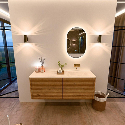 Mondiaz CIRO-DLUX Badkamermeubelset - 140x45x50cm - Solid surface wastafel Meli - 1 wasbak Rechts - zonder kraangaten - 4 lades - Oak