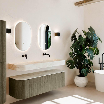 MONDIAZ THOR-DLUX 150cm meuble de salle de bains arrondi gauche + droite couleur Shadow avec 1 tiroir et 2 portes. Vasque suspendue CLOUD Double sans trou de robinet couleur Ostra.