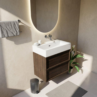 Saniclass Holz Frame Ensemble de meubles de salle de bains - 80x45x72cm - Legend lavabo en céramique blanc mat - 1 vasque - sans trou de robinetterie - 2 tiroirs - chêne charcoal mat (bois)