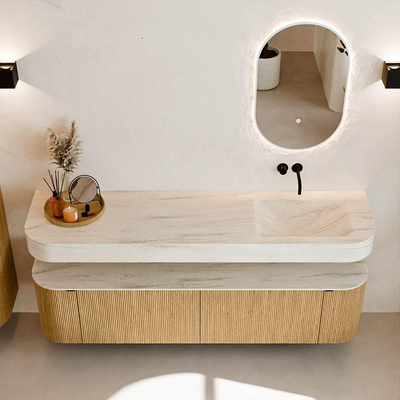 MONDIAZ THOR-DLUX 180cm meuble de salle de bains arrondi gauche + droite couleur Oak avec 2 tiroirs et 2 portes. Vasque suspendue CLOUD droite sans trou de robinet couleur Meli.