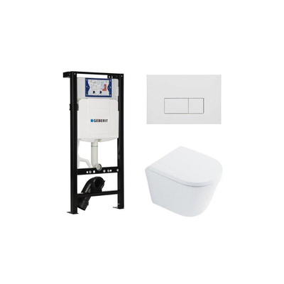 QeramiQ Dely Toiletset - 36.3x51.7cm - diepspoel - rimless - Geberit UP320 plieger inbouwreservoir - softclose toilet zitting - 35mm - mat witte bedieningsplaat - rechthoekige knoppen - glans wit