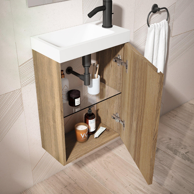 Saniclass Chaci Fonteinkastset - 40x55cm - 1 deur - mineraalmarmer fonteinwastafel - met rechthoekige spiegel - eiken SHOWROOMMODEL