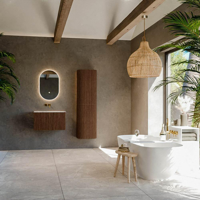 MONDIAZ KURVE-DLUX Meuble de salle de bains 70cm couleur Walnut avec 1 tiroir. Lavabo BIG SMALL central sans trou de robinet couleur Glace.