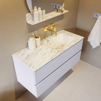 Mondiaz VICA-DLUX Ensemble de meuble de salle de bain - 110cm - meuble sous-vasque cale - 2 tiroirs - lavabo encastrée cloud droite - sans trous de robinet - version haute de 60cm - glace