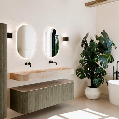 MONDIAZ THOR-DLUX 150cm meuble de salle de bains arrondi gauche + droite couleur Shadow avec 1 tiroir et 2 portes. Vasque suspendue CLOUD Double sans trou de robinet couleur Saba.