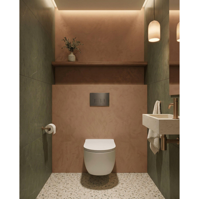 QeramiQ Dely Pack WC cuvette sans bride 36.3x51.7cm avec bâti-support Geberit UP320 abattant WC blanc mat frein de chute et plaque de commande Gun metal boutons Rectangulaires