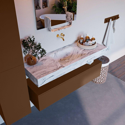 Mondiaz ALAN-DLUX Ensemble de meuble - 130cm - meuble Rust mat - 1 tiroir - Lavabo Cloud Glace suspendu - vasque Centre - 0 trous de robinet