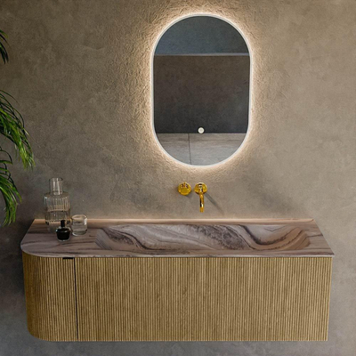 MONDIAZ KURVE-DLUX Meuble de salle de bains 135cm arrondi à gauche couleur Dusk avec 1 tiroir et 1 porte. Lavabo BIG MEDIUM à droite sans trou de robinet Sombra.